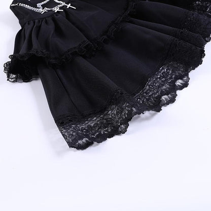 Ruched Lace Hem Chain Detail Lace Up Tiered Mini Skirt