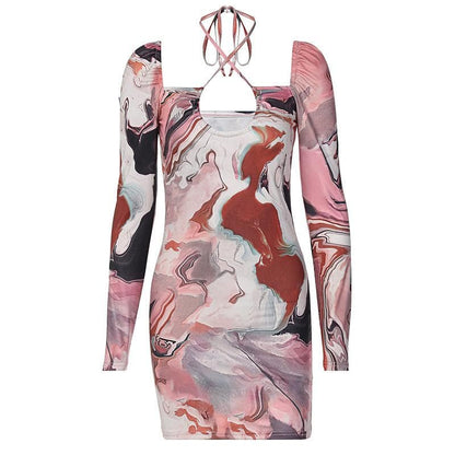Marble Print Square Neck Halter Tie Long Sleeve Mini Dress