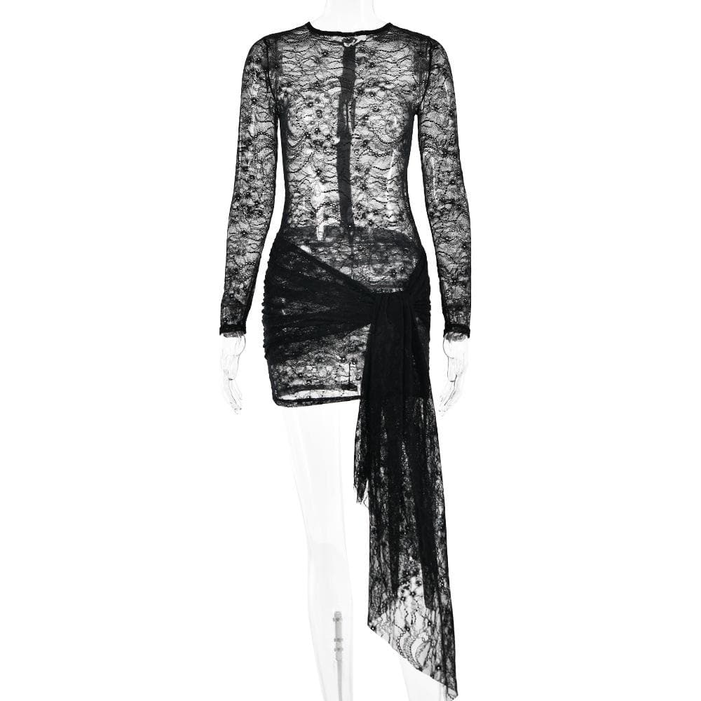 Lace Long Sleeve Draped Sash Ruched Mini Dress
