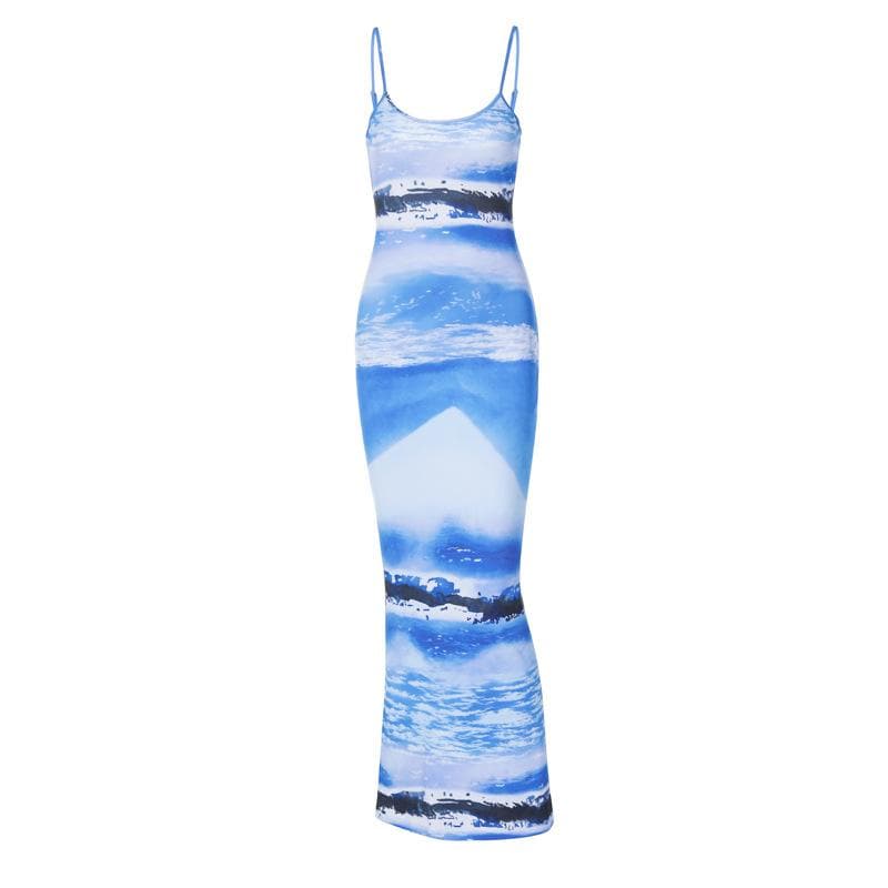Abstract Landscape Print Scoop Neck Backless Cami Bodycon Maxi Dress