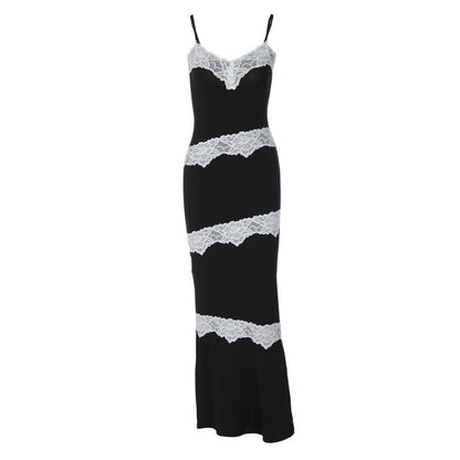 Lace Panel Trim Spaghetti Strap V Neck Bodycon Maxi Dress