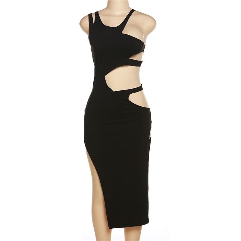 Crew Neck Hollow Out Side Cutout Irregular Slit Ribbed Midi Dress
