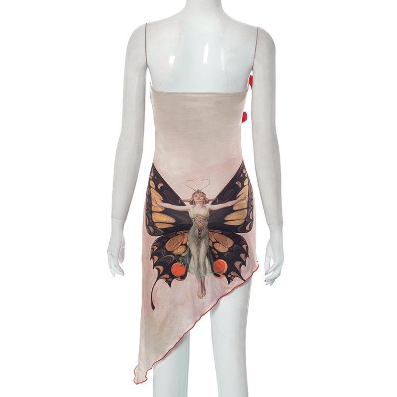 Butterfly Print Ribbon Trim Asymmetrical Hem Tube Mini Dress