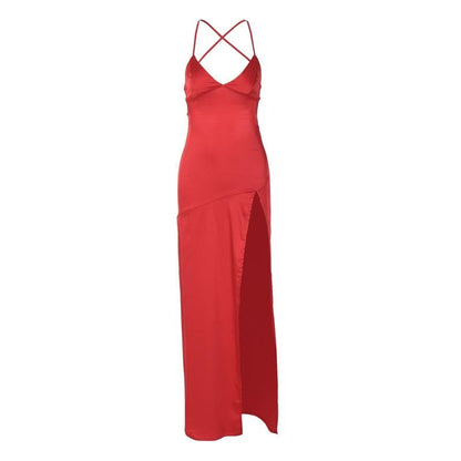 Satin Cross Back V Neck Spaghetti Strap High Slit Maxi Dress