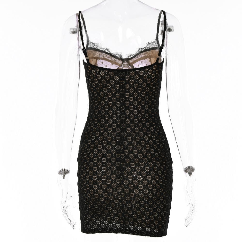 Sweetheart Lace Trim Polka Dot Mesh Bust Eyelet Lace Cami Mini Dress