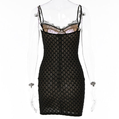 Sweetheart Lace Trim Polka Dot Mesh Bust Eyelet Lace Cami Mini Dress