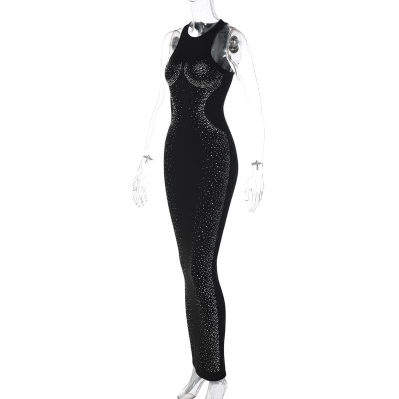 Rhinestone Contour Embellished Crew Neck Sleeveless Bodycon Maxi Dress