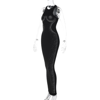 Rhinestone Contour Embellished Crew Neck Sleeveless Bodycon Maxi Dress