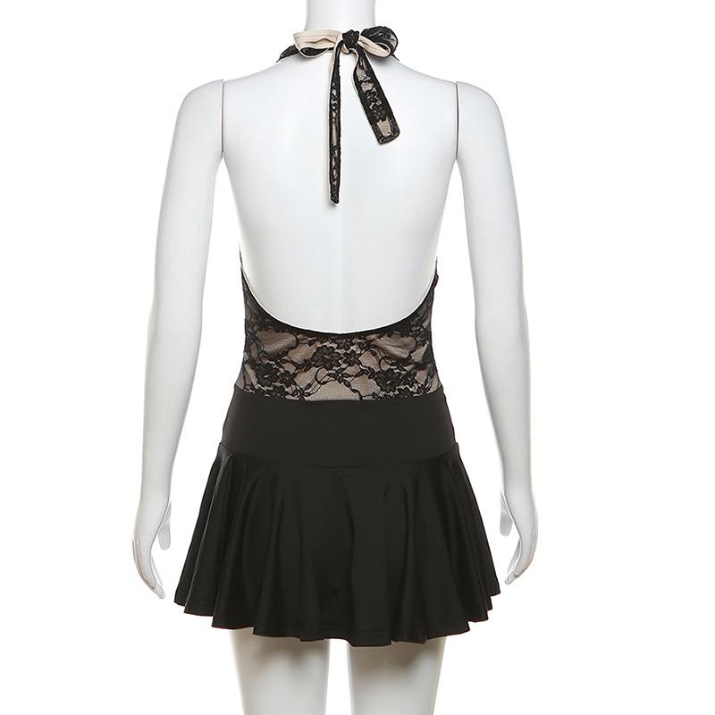 Deep V Halter Lace Bodice Metal Buckle Belt Pleated Mini Dress