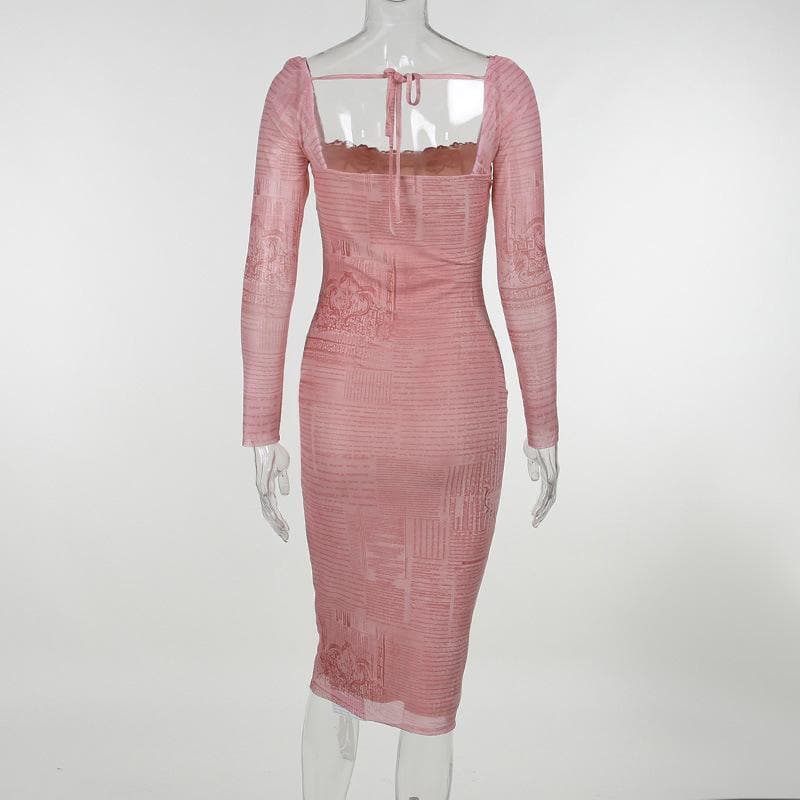 Lace Trim Square Neck Long Sleeve Newspaper Print Bodycon Midi Dress
