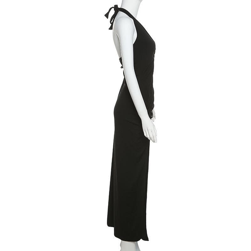 Halter Ring Detail Deep V Ruched Side Slit Bodycon Maxi Dress
