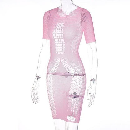 Crew Neck Short Sleeve Fishnet Mesh Hollow Out Bodycon Mini Dress