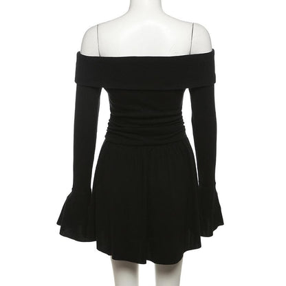 Flower Applique Off Shoulder Flared Sleeve Slit Mini Dress