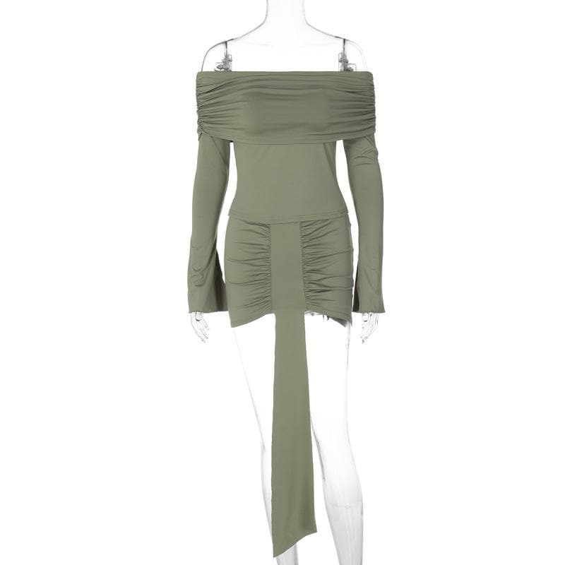 Off Shoulder Ribbon Trim Ruched Long Sleeve Mini Dress