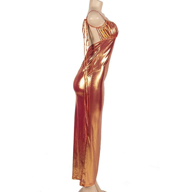 Metallic Tie Shoulder Deep V Back Ruched Bodycon Maxi Dress