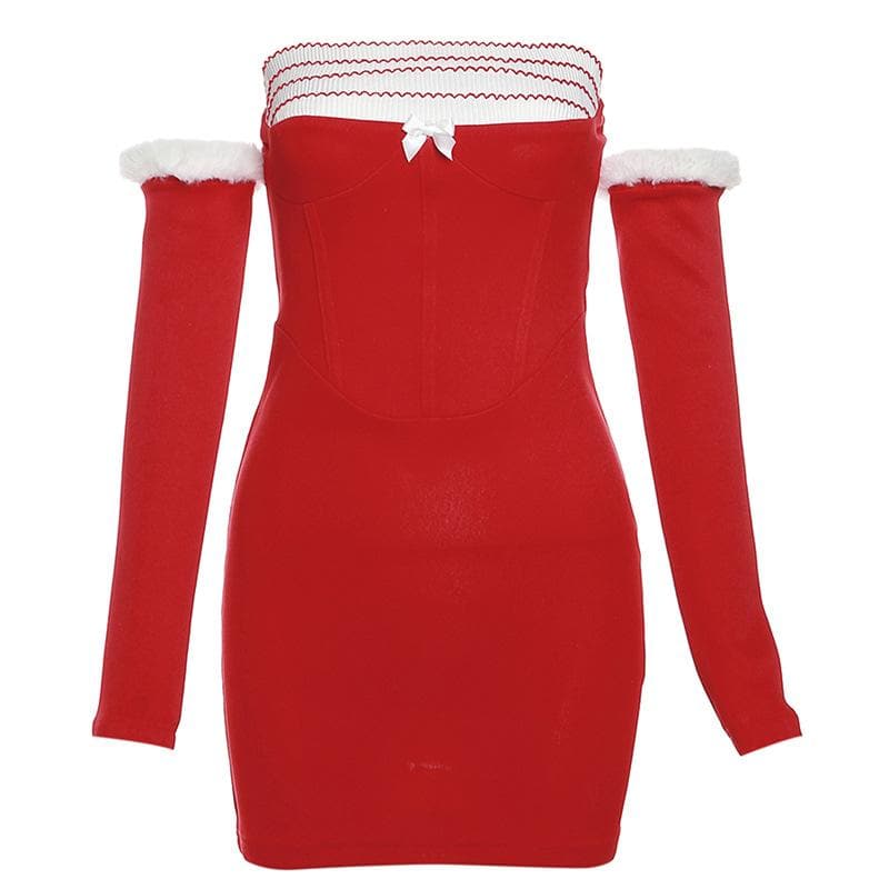 Strapless Corset Rib Knit Bust Bow Detached Sleeve Mini Dress Set