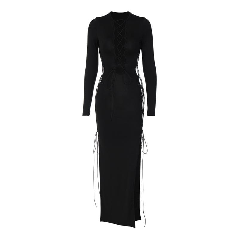 Long Sleeve Front Lace-Up Chest Cutout Side Slit Bodycon Maxi Dress
