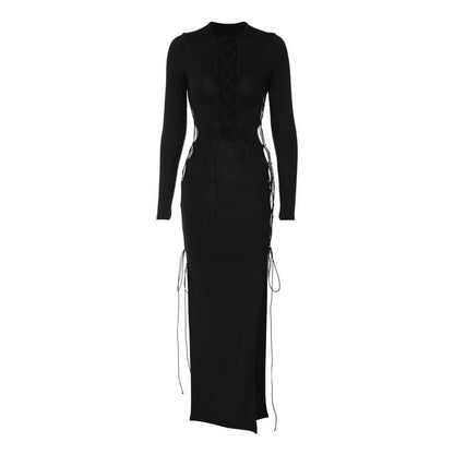Long Sleeve Front Lace-Up Chest Cutout Side Slit Bodycon Maxi Dress