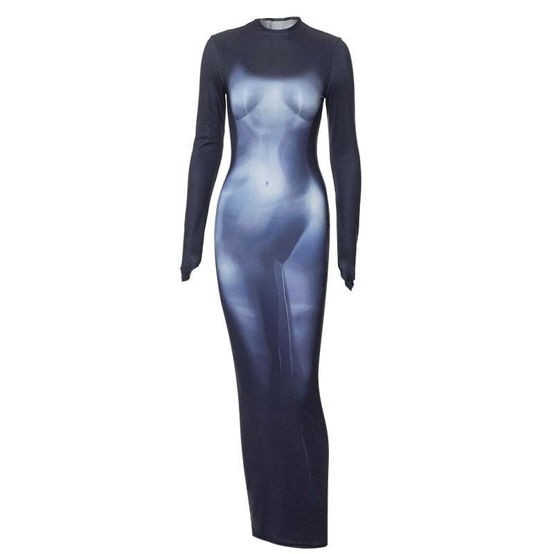 Mock Neck Thumbhole Sleeve Anatomical Graphic Maxi Dress