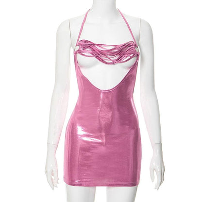 Metallic Halter O Ring Strappy Hollow Out Backless Mini Dress