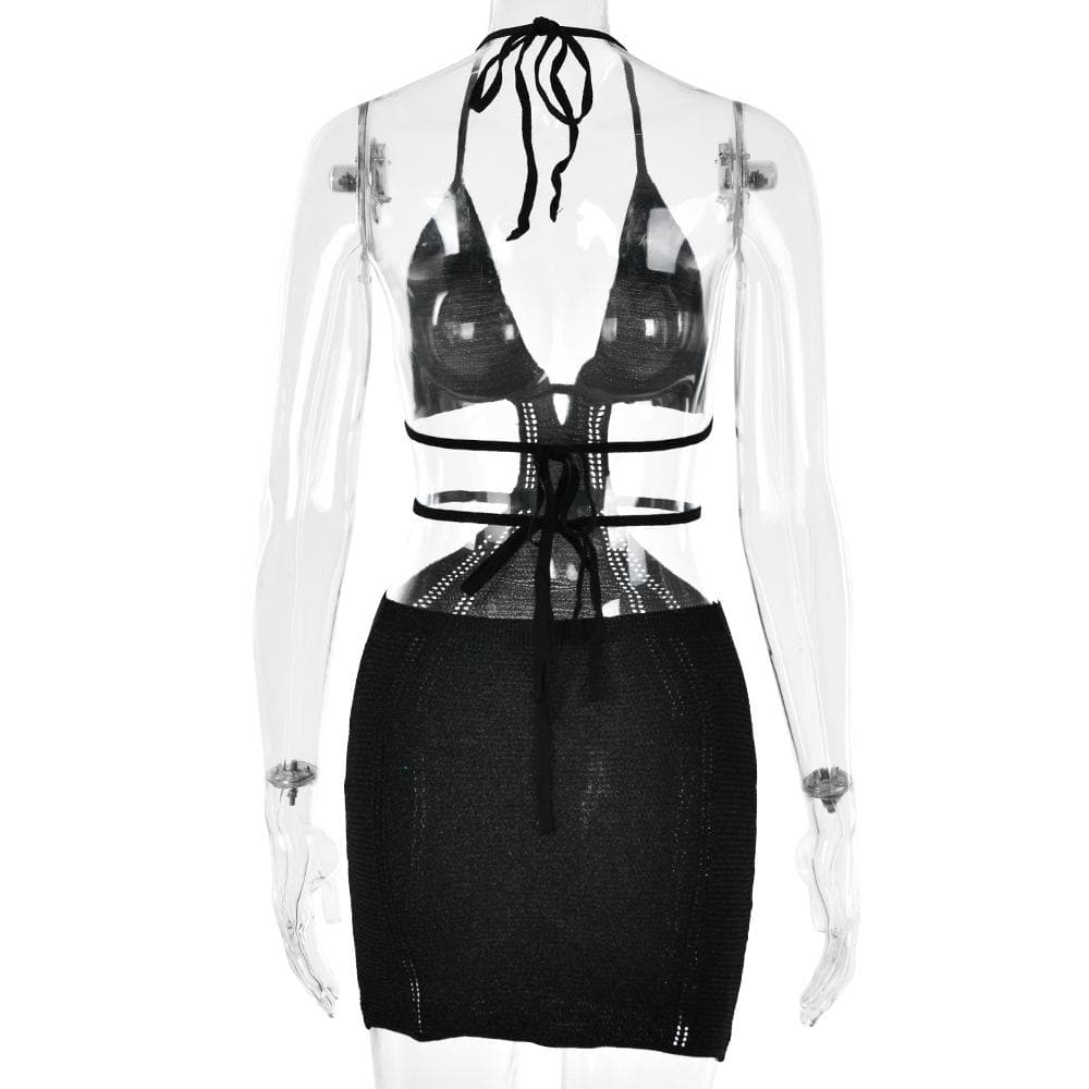 Cross Front Halter O-Ring Backless Self-Tie Mini Dress