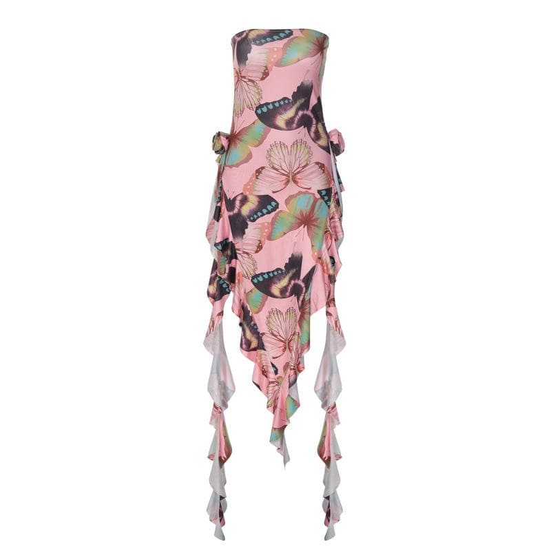 Butterfly Print Ruffle Ribbon Flower Applique Backless Maxi Dress