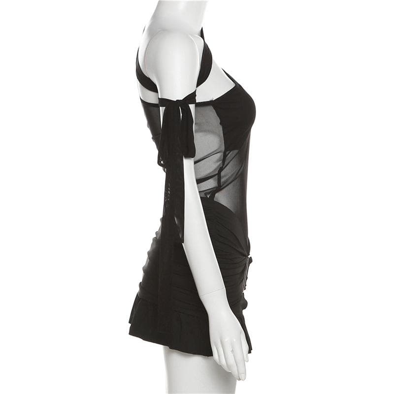 One Shoulder Mesh Bodice Metal Buckle Ruched Low Rise Ruffle Hem Mini Dress