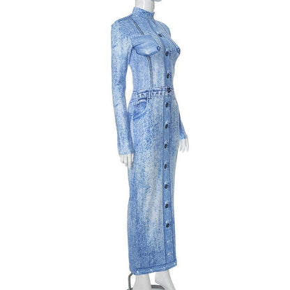 Mock Neck Faux Denim Acid Wash Print Long Sleeve Bodycon Maxi Dress