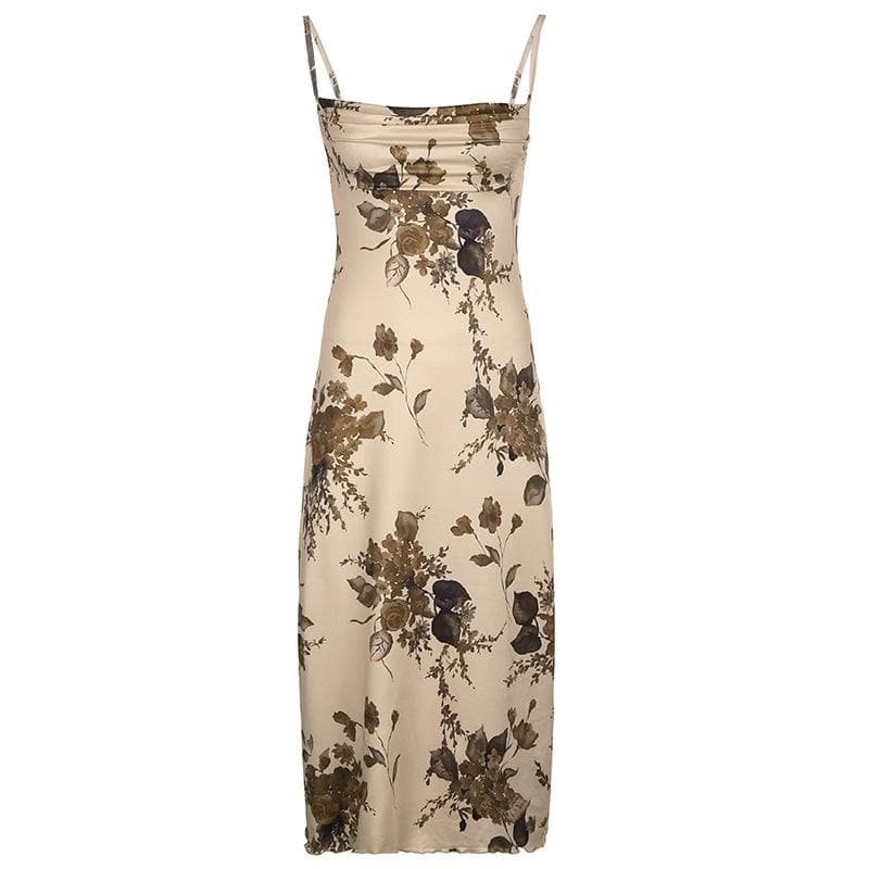 Square Neck Spaghetti Strap Classic Floral Print Lettuce Hem Midi Slip Dress