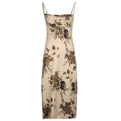 Square Neck Spaghetti Strap Classic Floral Print Lettuce Hem Midi Slip Dress