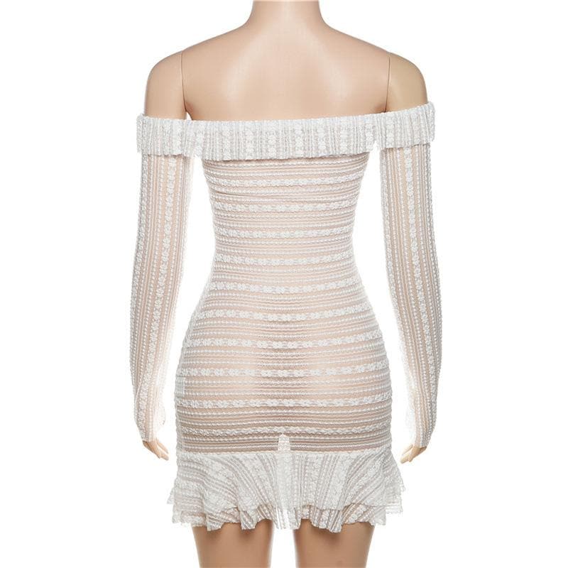 Off-Shoulder Sheer Lace Stripe Ruffle Trim Center Ruffle Long Sleeve Mini Dress