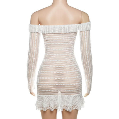 Off-Shoulder Sheer Lace Stripe Ruffle Trim Center Ruffle Long Sleeve Mini Dress