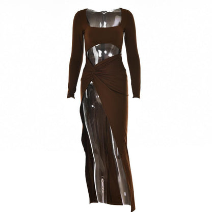 Square Neck Long Sleeve Diamond Cutout Ruched Waist Knotted Thigh Slit Midi Dress