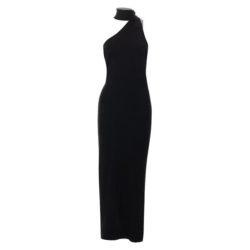 One Shoulder Choker Neck Column Bodycon Maxi Dress