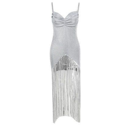 Sweetheart Neck Ruched Glitter Fringe Hem Cami Maxi Dress