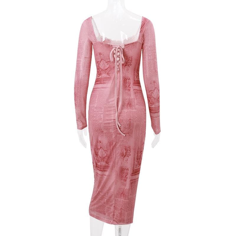 Newspaper Print Square Neck Lace Trim Bodycon Midi Dress