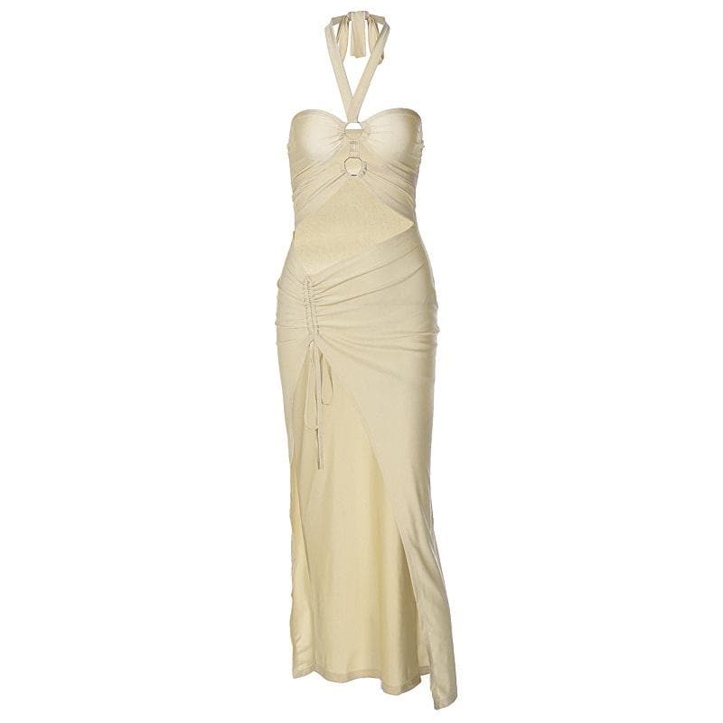 Halter Neck O Ring Cutout Ruched Drawstring High Slit Midi Dress