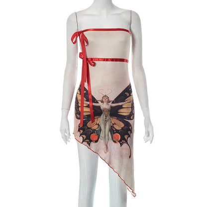 Butterfly Print Ribbon Trim Asymmetrical Hem Tube Mini Dress