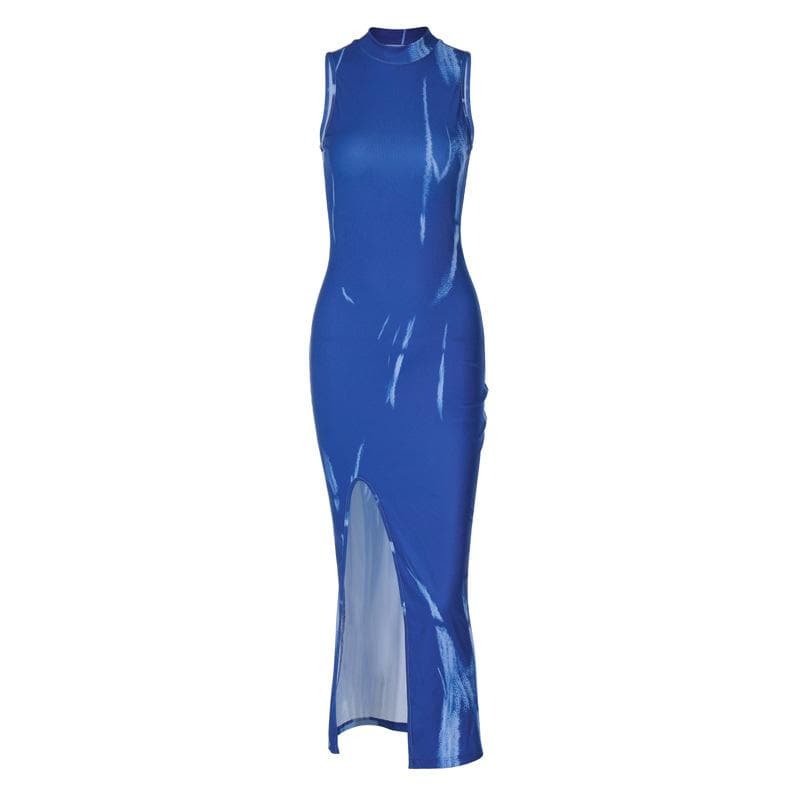 High Neck Sleeveless Abstract Distressed Print Side Slit Bodycon Maxi Dress