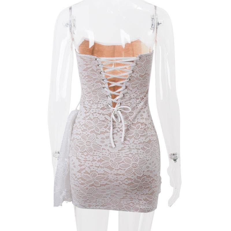 Floral Lace Strapless Corset Boning Draped Wrap Mini Dress