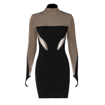Mock Neck Contrast Mesh Panel Thumbhole Glove Sleeve Bodycon Mini Dress