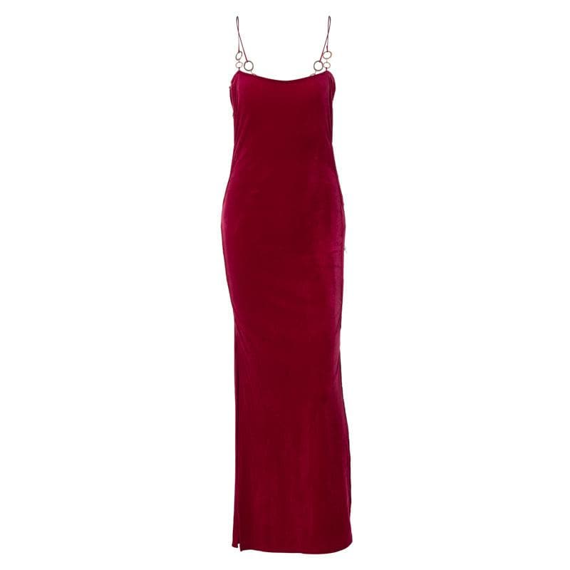 O Ring Spaghetti Strap Velvet Bodycon Backless Maxi Dress