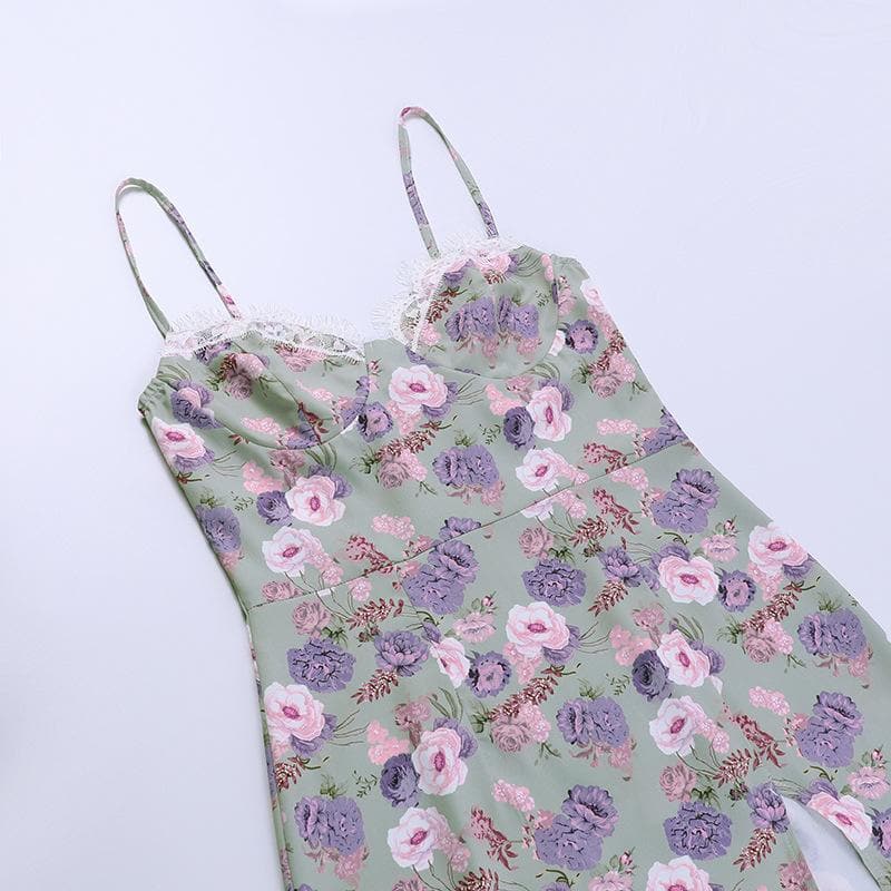 Sweetheart Lace Trim Spaghetti Strap Floral Side Slit Midi Dress