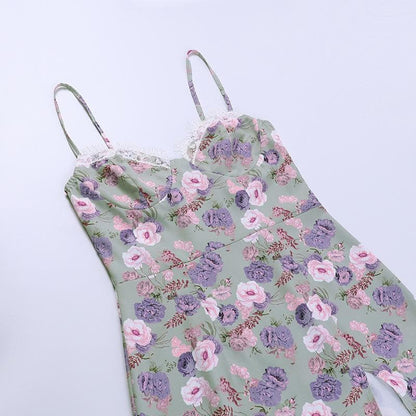 Sweetheart Lace Trim Spaghetti Strap Floral Side Slit Midi Dress