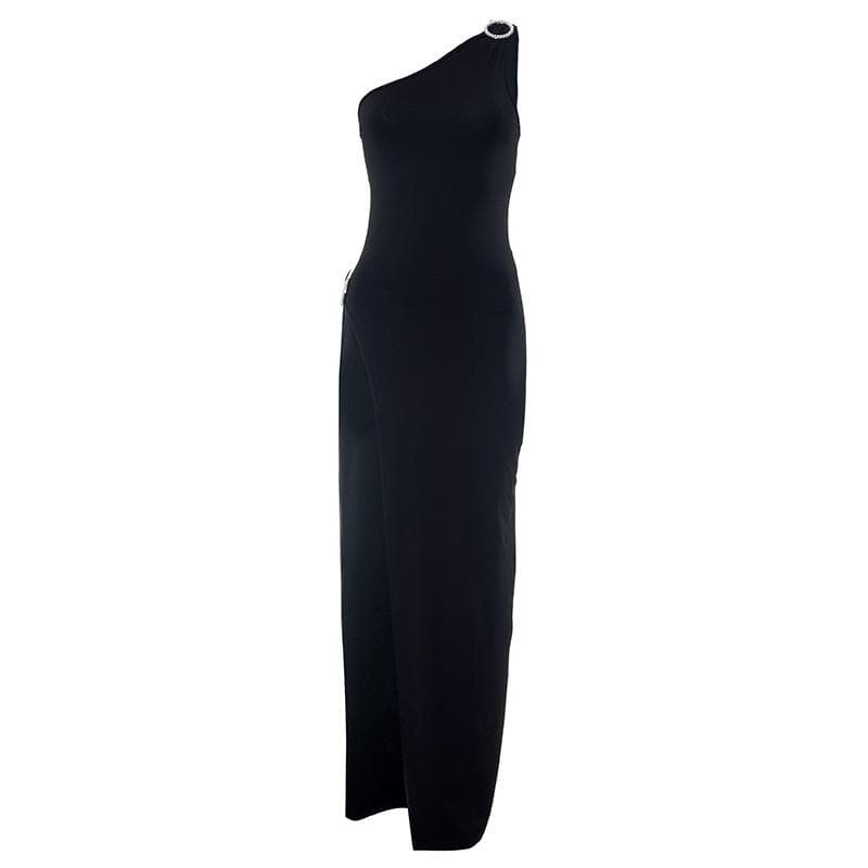 One Shoulder Rhinestone Ring High Slit Bodycon Maxi Dress