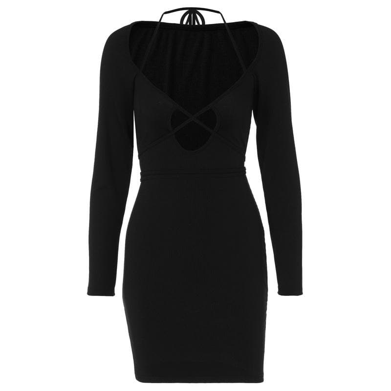 Halter Neck Criss Cross Strap Keyhole Cold Shoulder Rib Knit Mini Dress