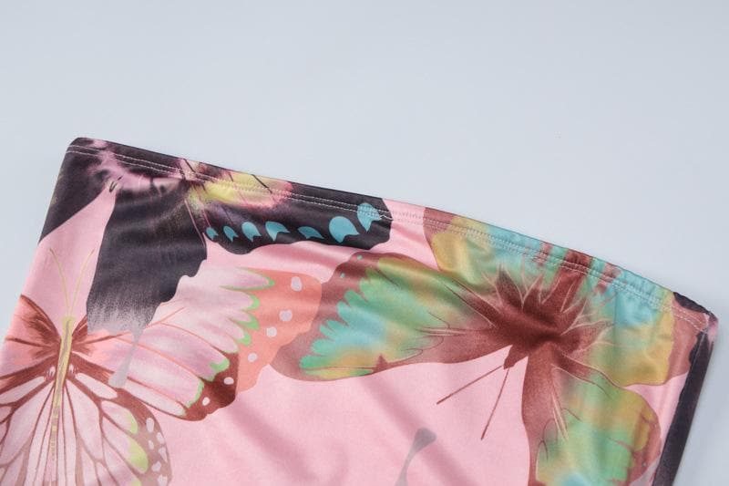 Butterfly Print Ruffle Ribbon Flower Applique Backless Maxi Dress