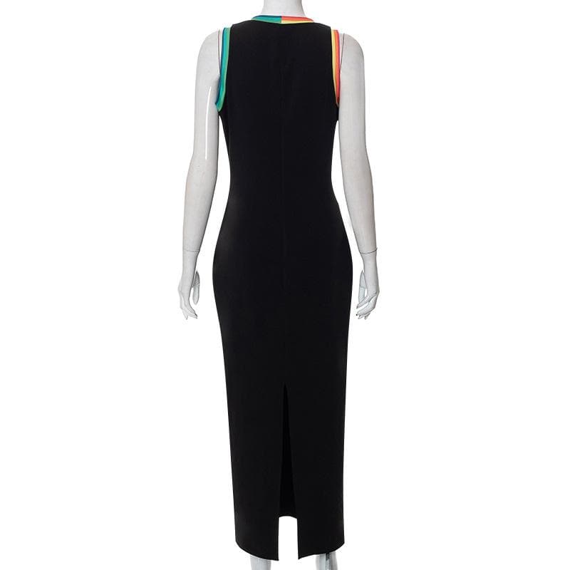 Deep V Neck Contrast Rainbow Ribbed Trim Sleeveless Bodycon Midi Dress