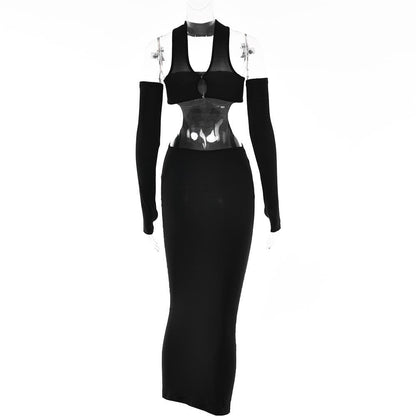 Halter Choker Waist Cutout Mesh Panel Thumbhole Sleeve Maxi Dress Set