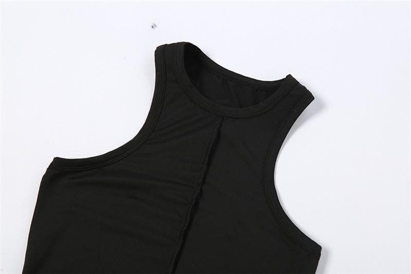 High Neck Sleeveless Center Seam Asymmetric Hem Midi Dress